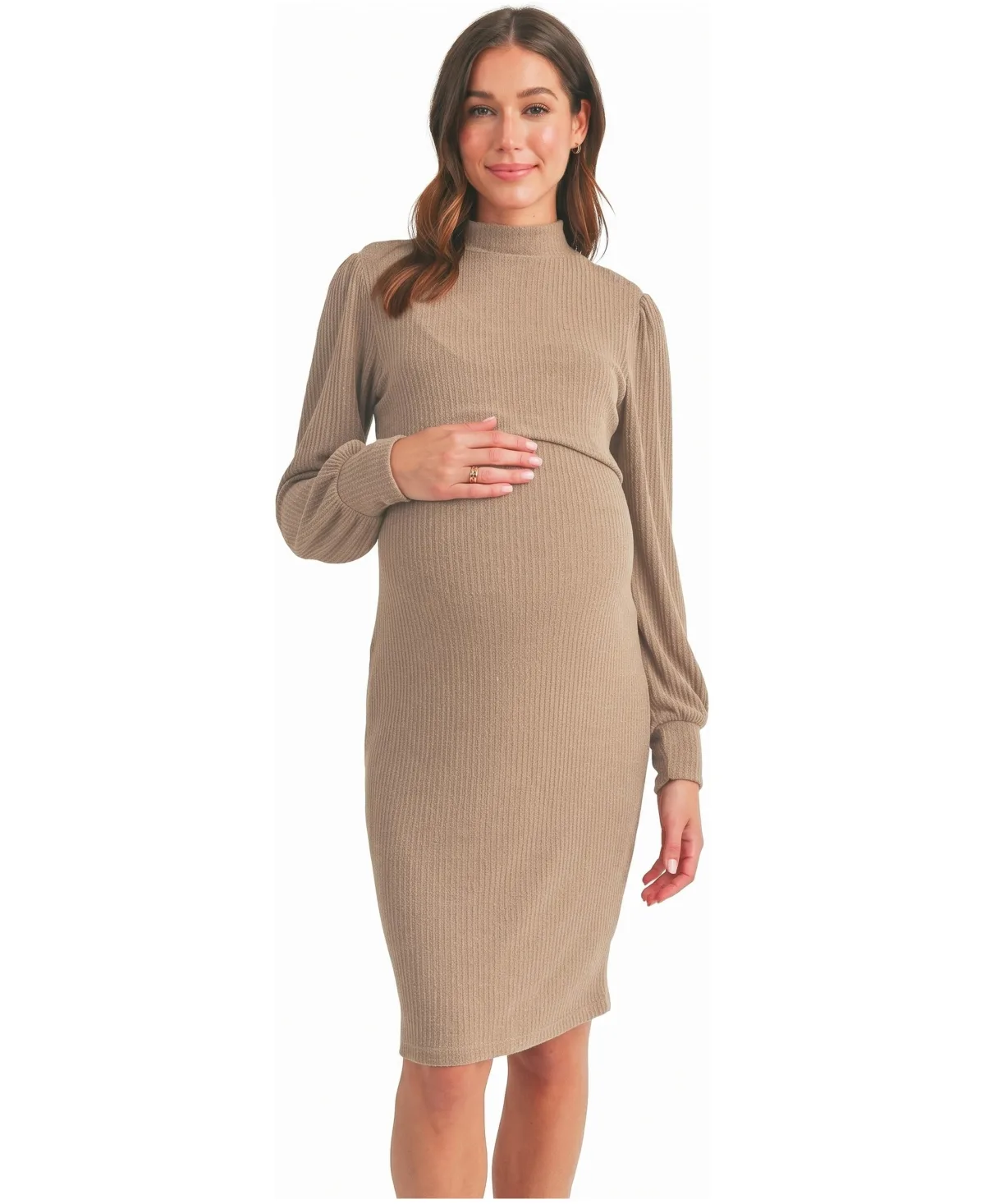 Maternity Double Layer Mock Neck Ribbed Nursing Dress