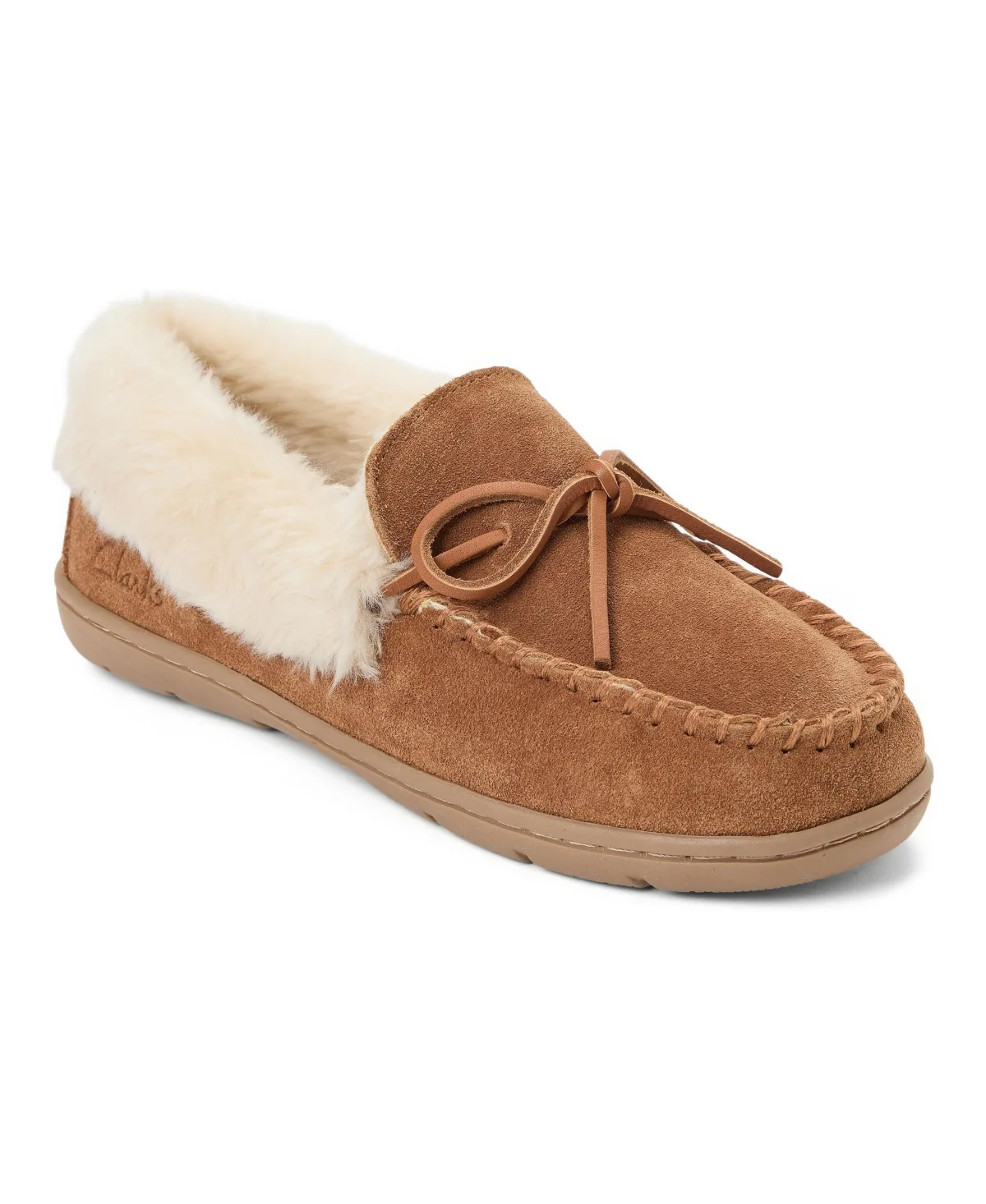 Suede Moc with Leather Lacing and Faux Fur Trim Slippers