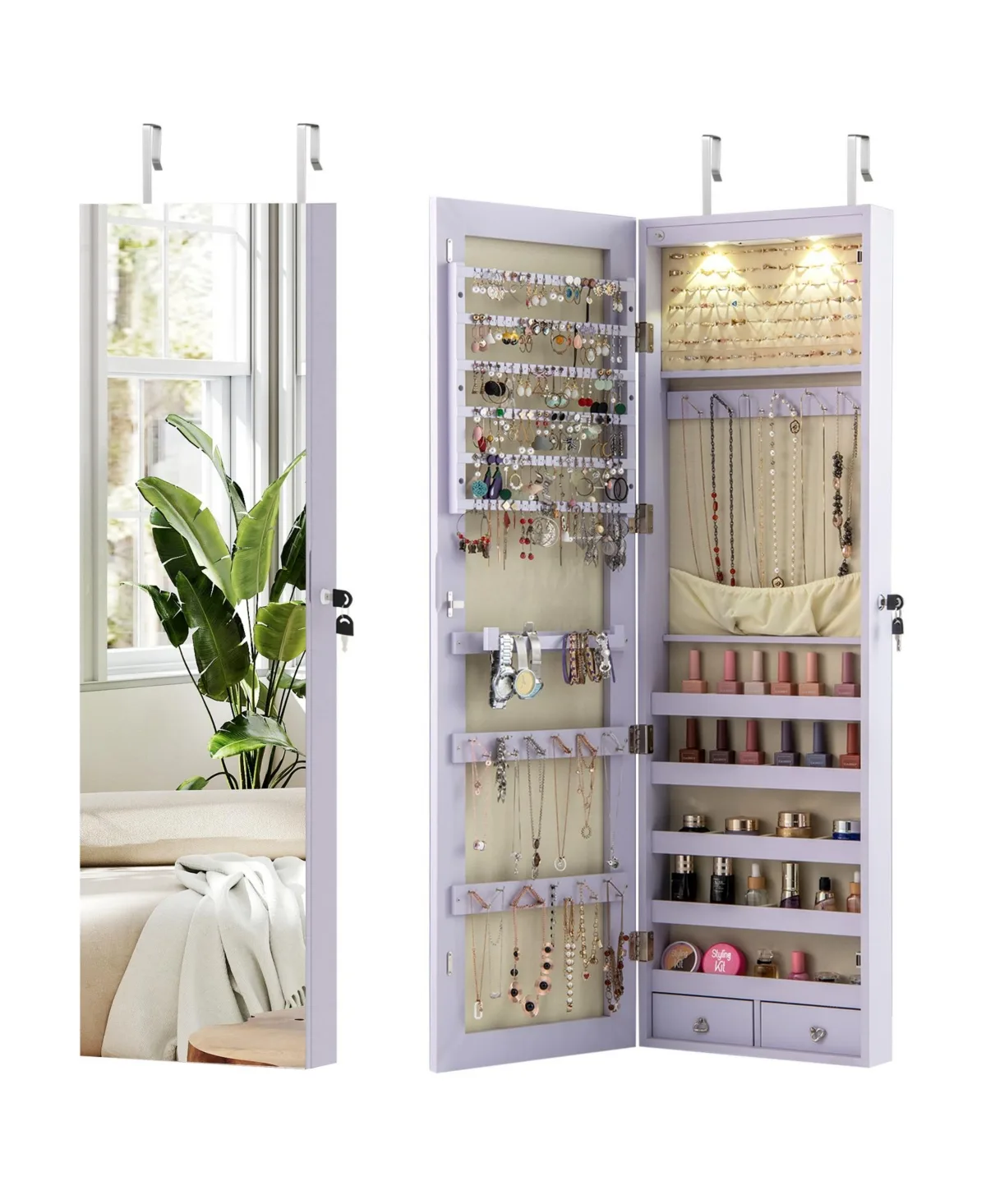 Wall and Door Mounted Mirrored Jewelry Armoire with Led Lighting by Sugift