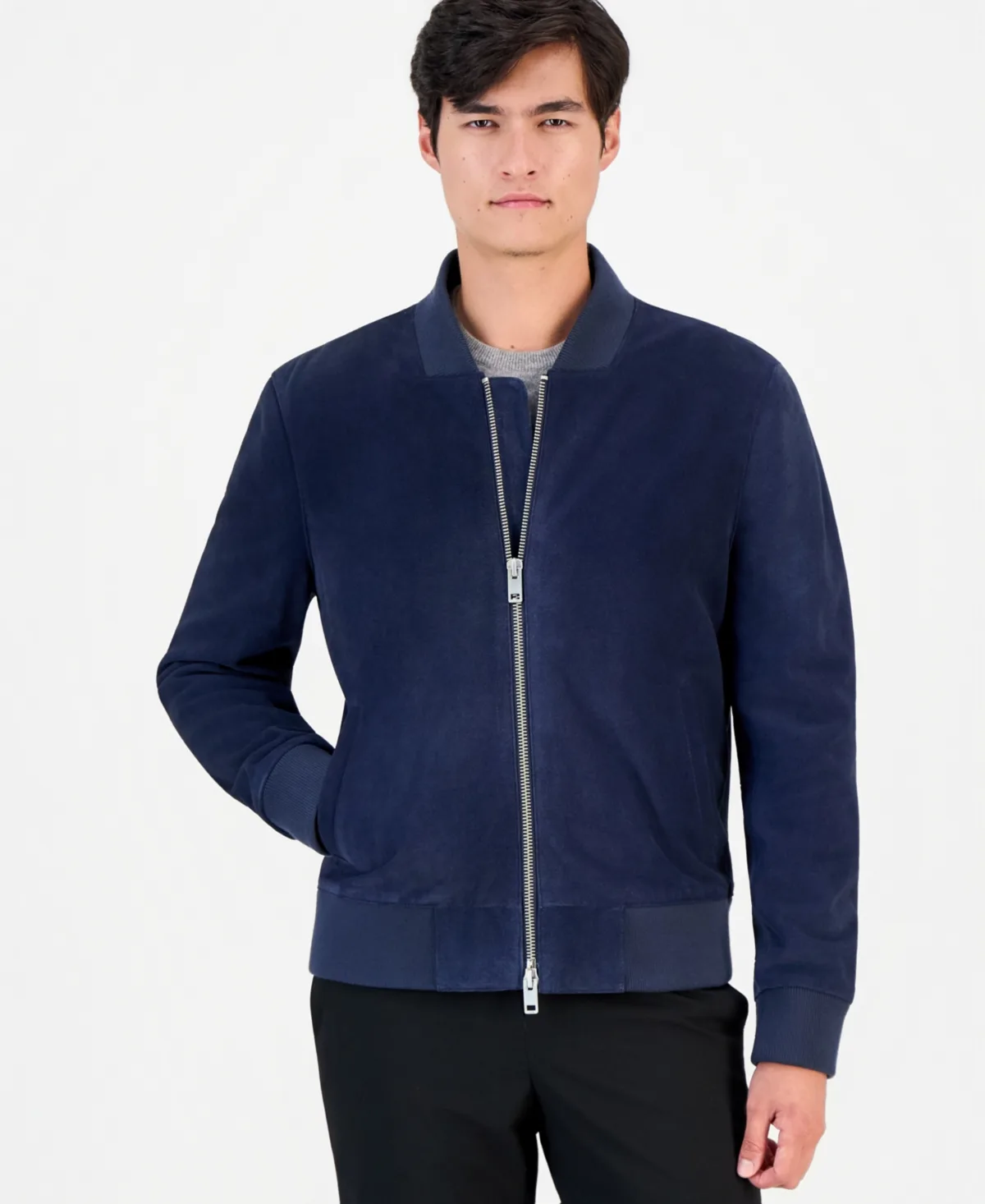 Genuine Suede Angled Rib-Knit Collar Bomber Jacket