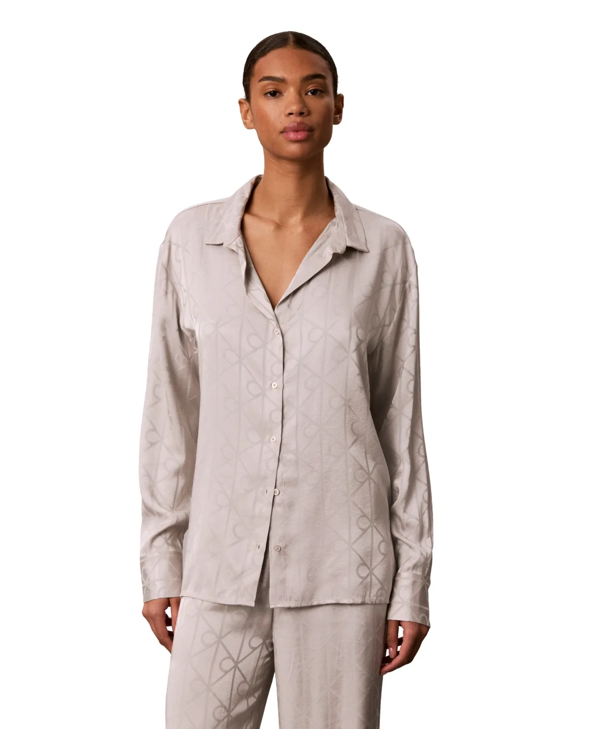 Satin Sheen Print Long-Sleeve Point Collar Sleep Shirt