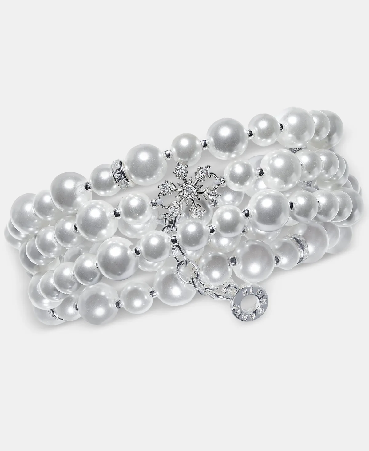 Cubic Zirconia and Imitation Pearl Silver-Tone Snowflake 3-Piece Stretch Bracelet by Anne Klein