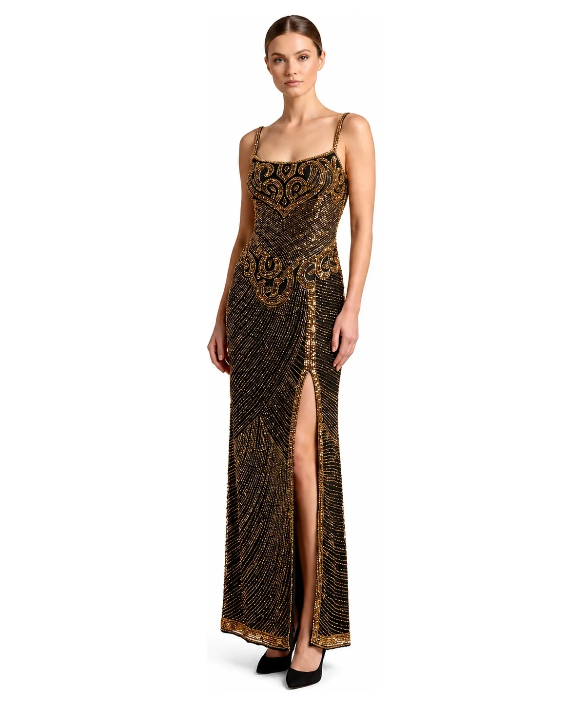 Spaghetti-Strap Beaded Gown with Side Slit