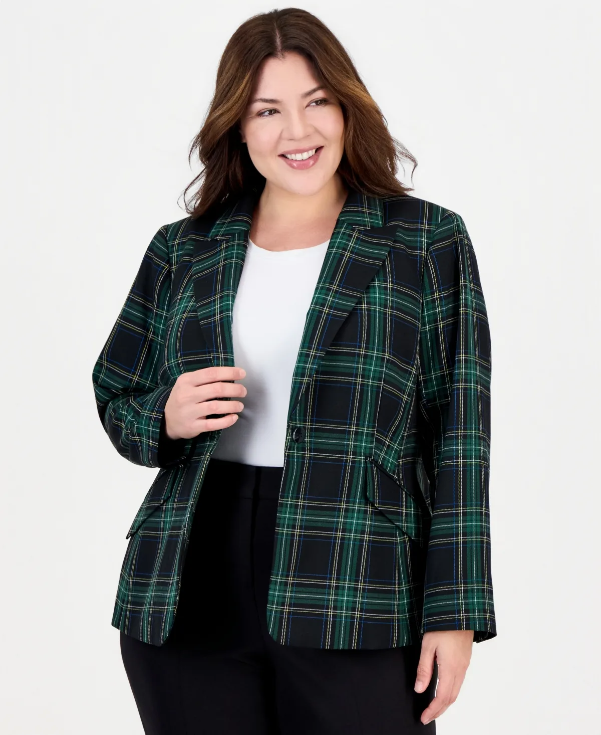 Plaid Long-Sleeve One-Button Blazer