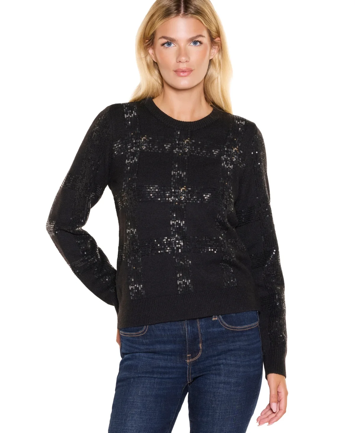 Plaid-Sequin Crewneck Pullover Sweater by Belldini