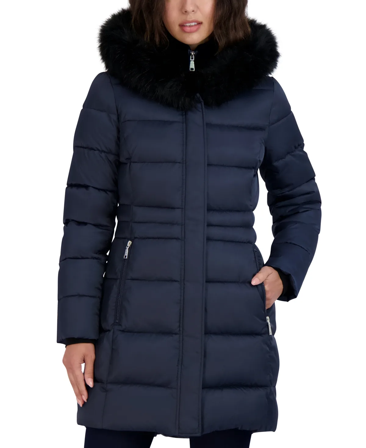 Velvet Bibbed Faux-Fur Hooded Puffer Coat