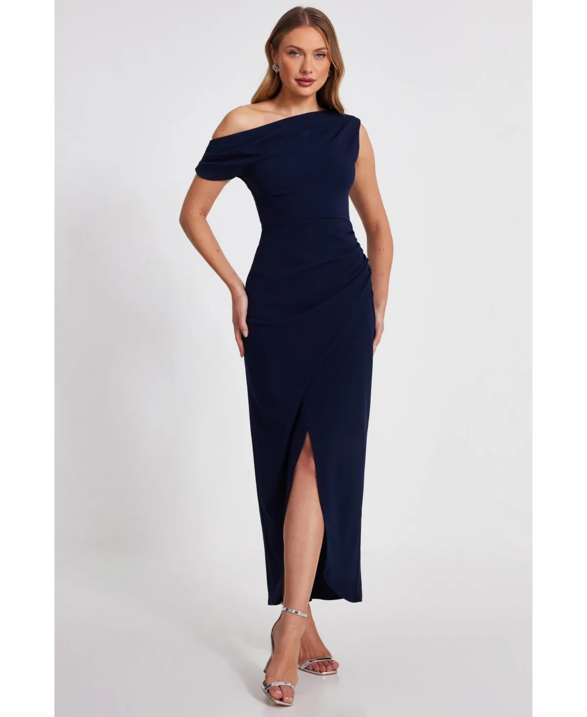 One Shoulder Scuba Crepe Asymmetric Maxi Dress