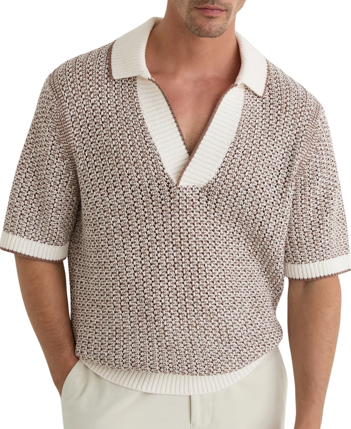 Atlas Cotton-Blend Crochet Open-Collar Polo Shirt