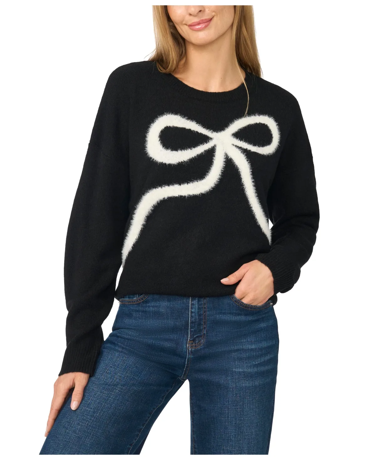 Eyelash Bow Long-Sleeve Crewneck Sweater