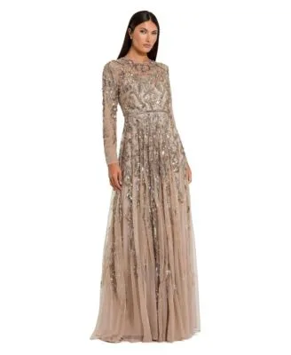 Long Sleeve Hand Embellished Illusion Neckline Evening Gown