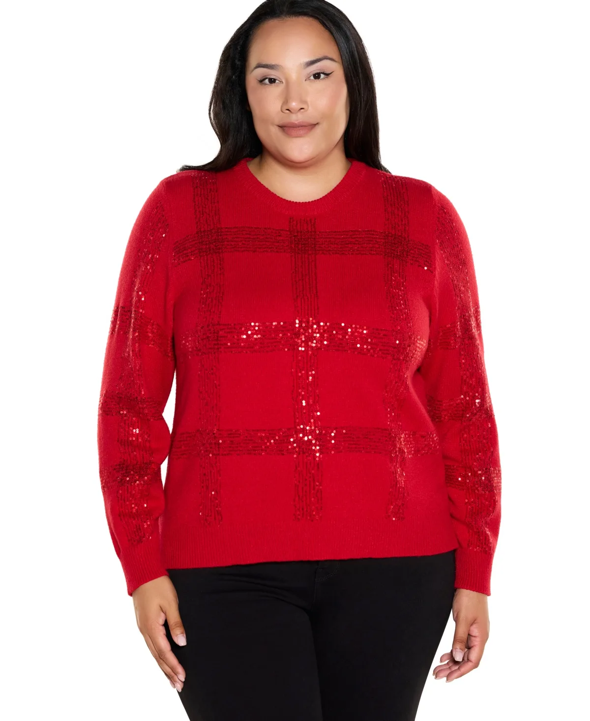 Plaid-Sequin Crewneck Pullover