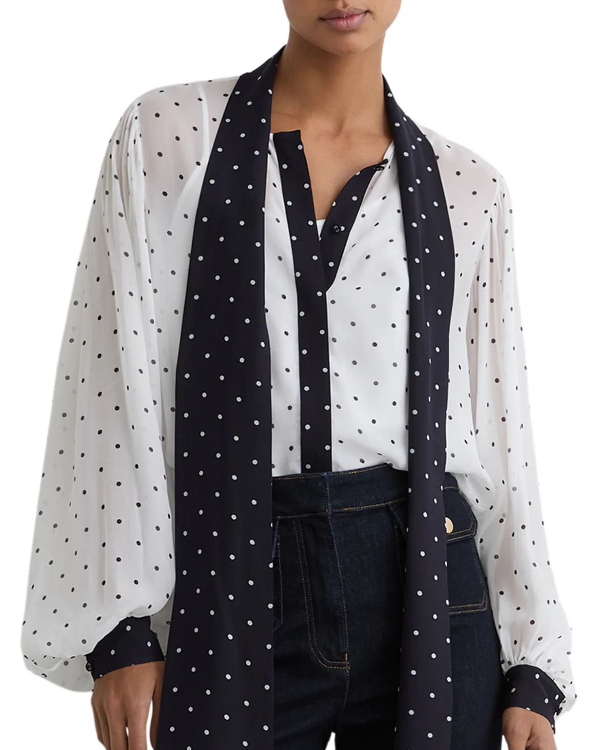 Arial Polka-Dot Tie-Neck Long-Sleeve Blouse