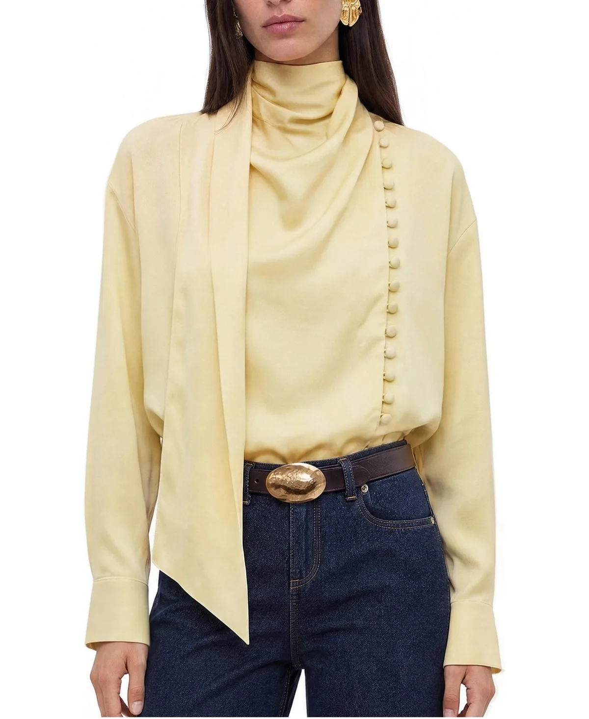 Shawl Collar Long Sleeve Button Detail Blouse
