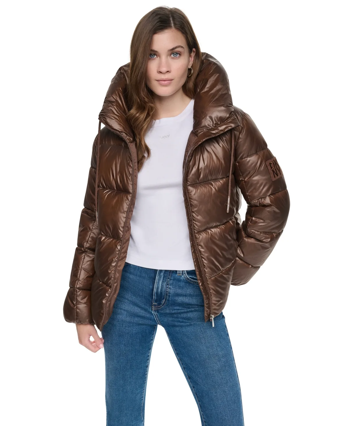 Jeans Womens Quilted Puffer W/ Drama Collar Jacket