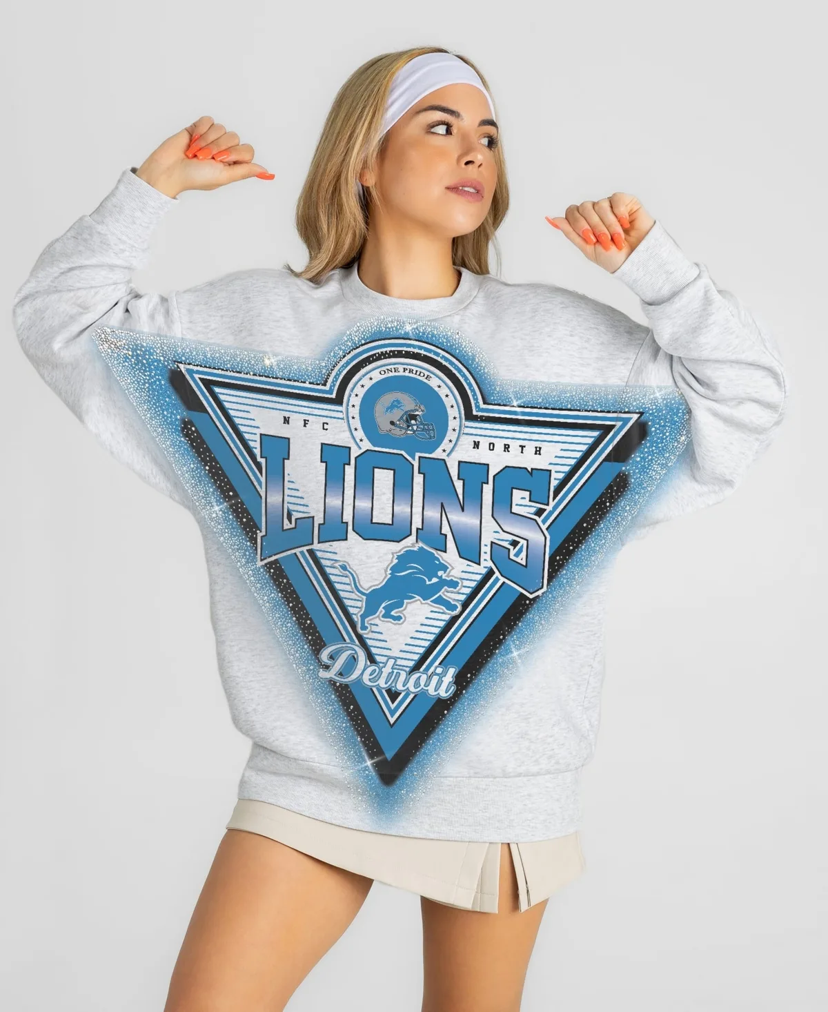 Detroit Lions Chasing Victory Rhinestone Spray Oversized Fleece Sweatshirt