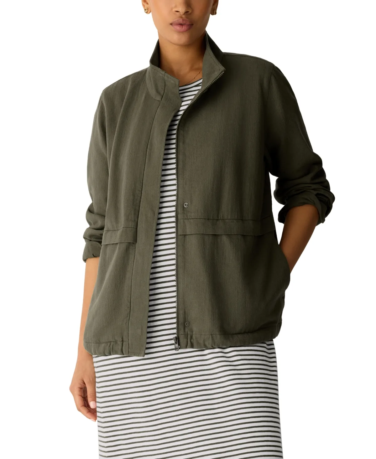High-Collar Zip-Front Cotton-Linen Jacket