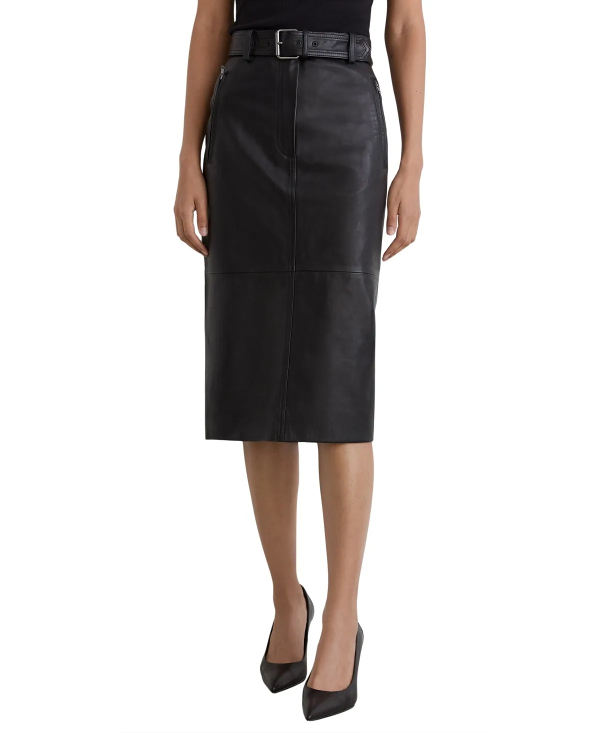 Raya High-Waisted Belted Midi Leather Skirt
