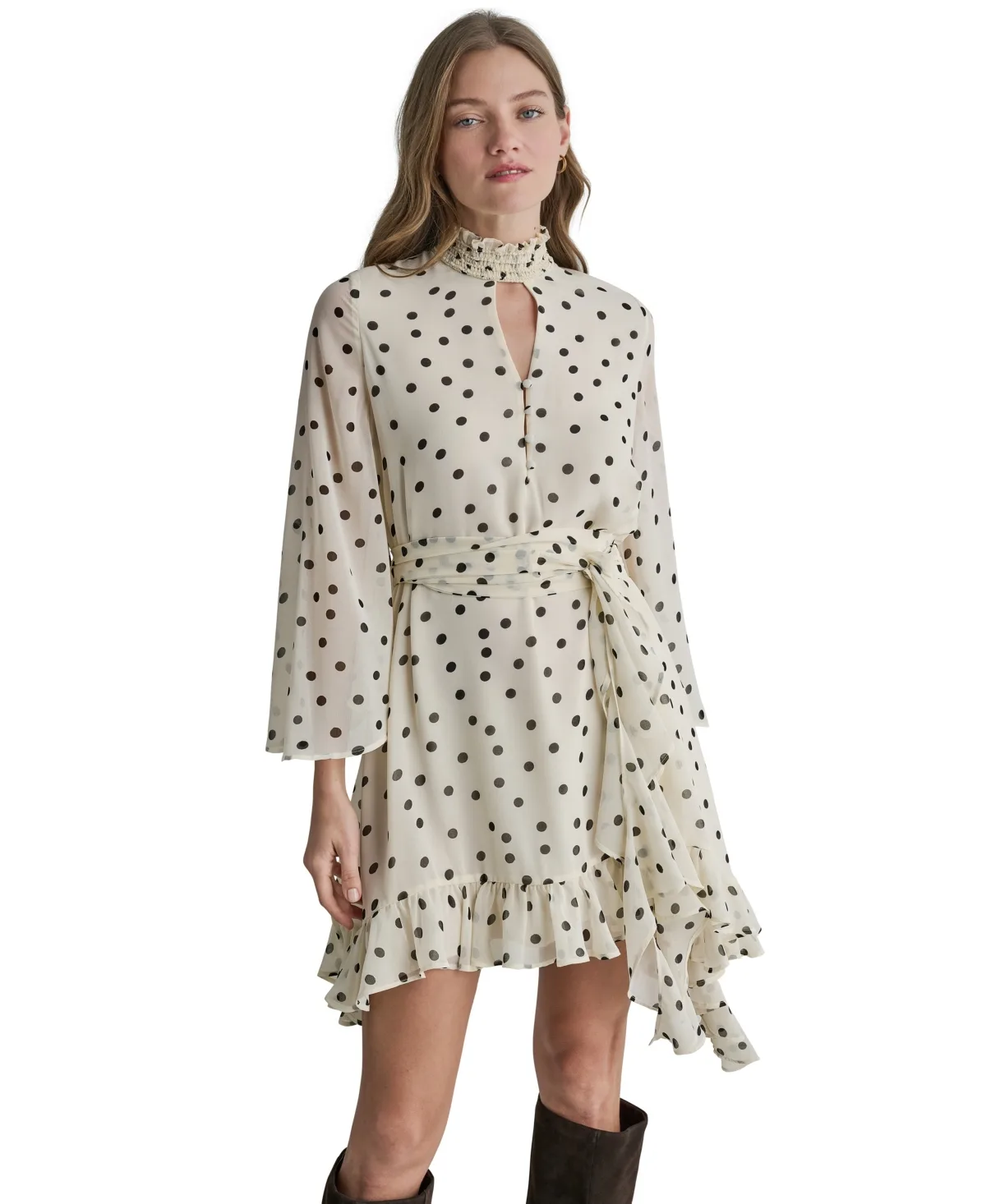Long-Sleeve Polka-Dot Keyhole Dress