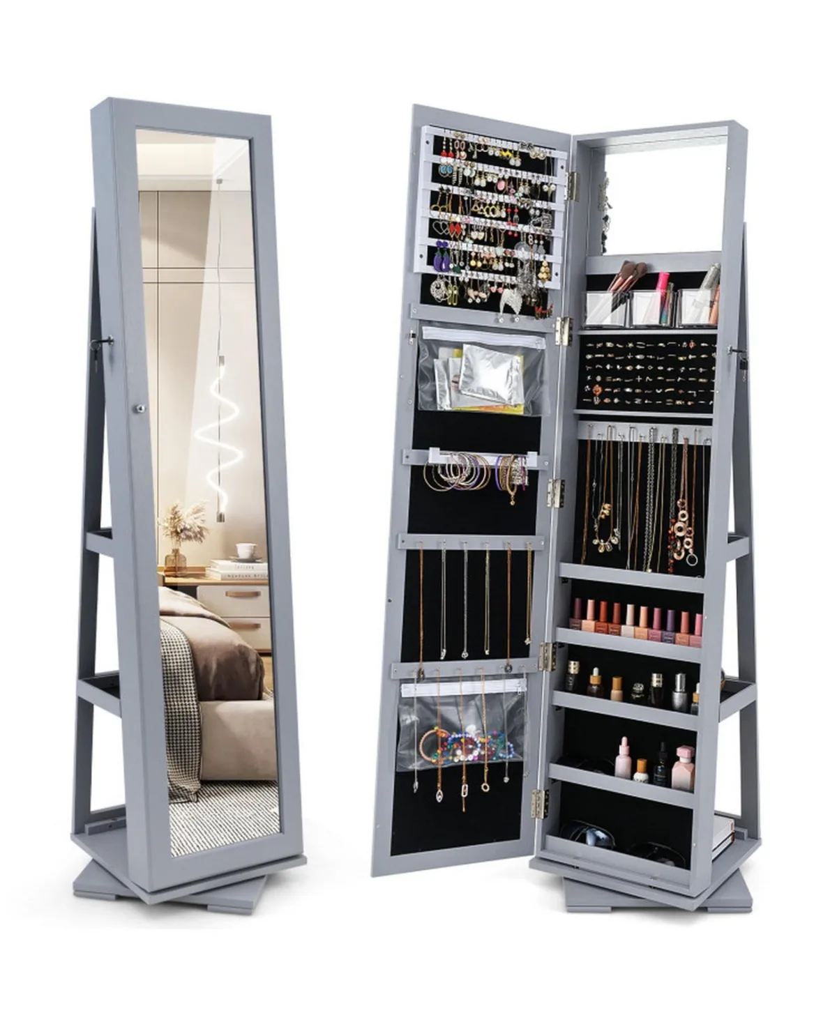 360-Degree Rotating Lockable Jewelry Armoire with Full-Length Mirror by Sugift