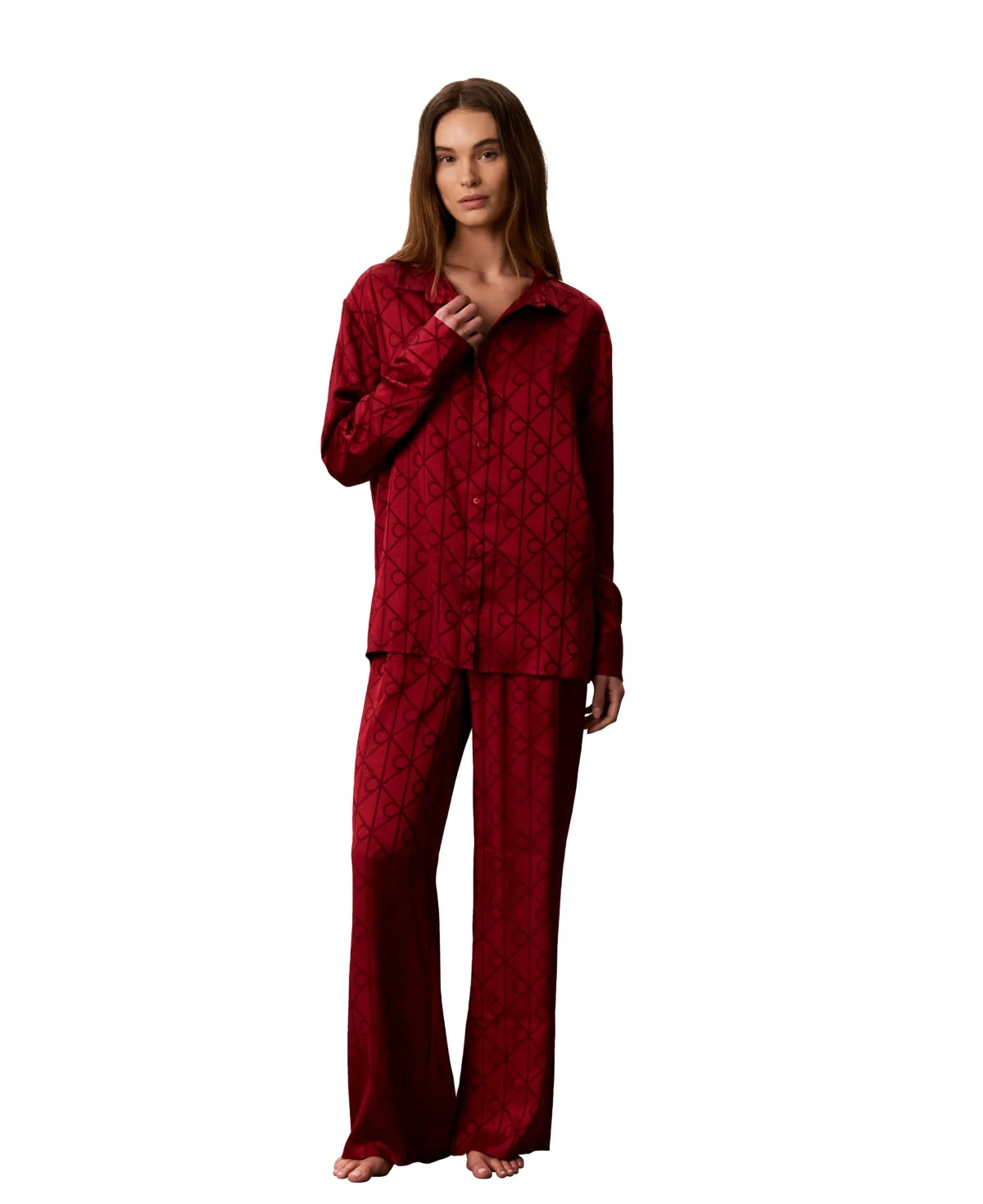 Satin Sheen Print Long-Sleeve Point Collar Sleep Shirt