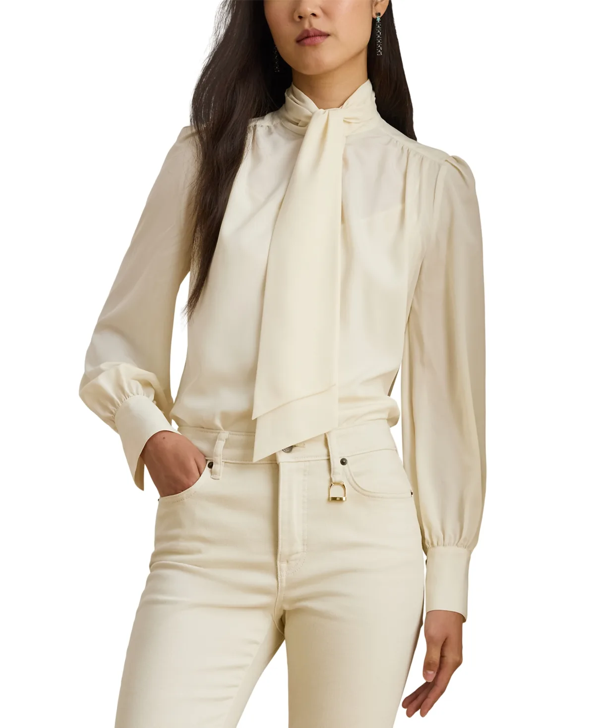 Tie-Neck Long-Blouson Sleeves Imitation-Pearl Buttons Blouse