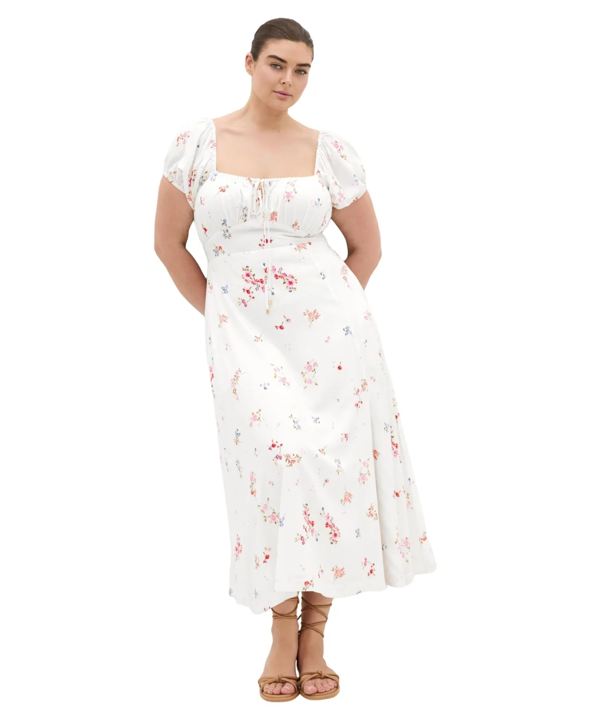 Abbie Petal-Print Short-Sleeve Sweetheart-Neck Midi Dress