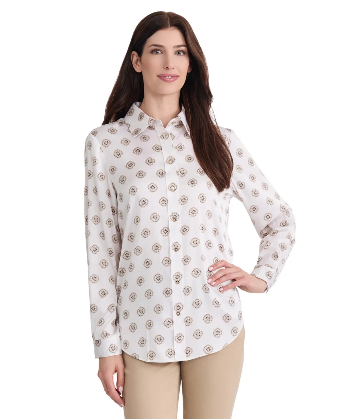 Long-Sleeve Button-Front Printed Satin Blouse