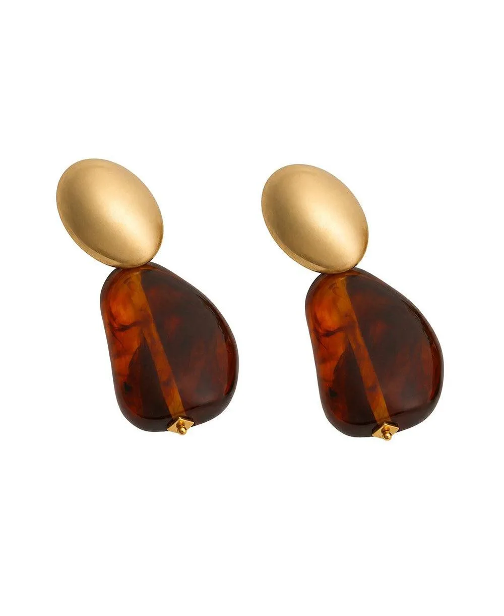 Tortoiseshell-Tone Acrylic Pebble Oval Stud Drop Earrings