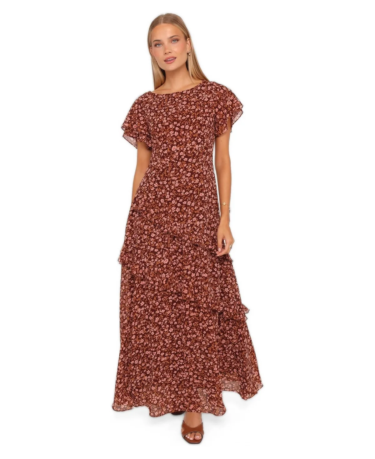 Lorrie Floral-Print Tiered Short-Sleeve Maxi Dress