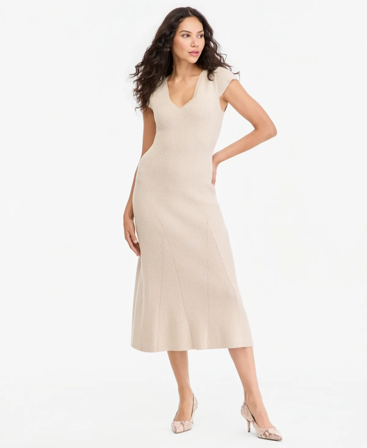 Cap-Sleeve Pleated Fitted Midi Sweater Dress