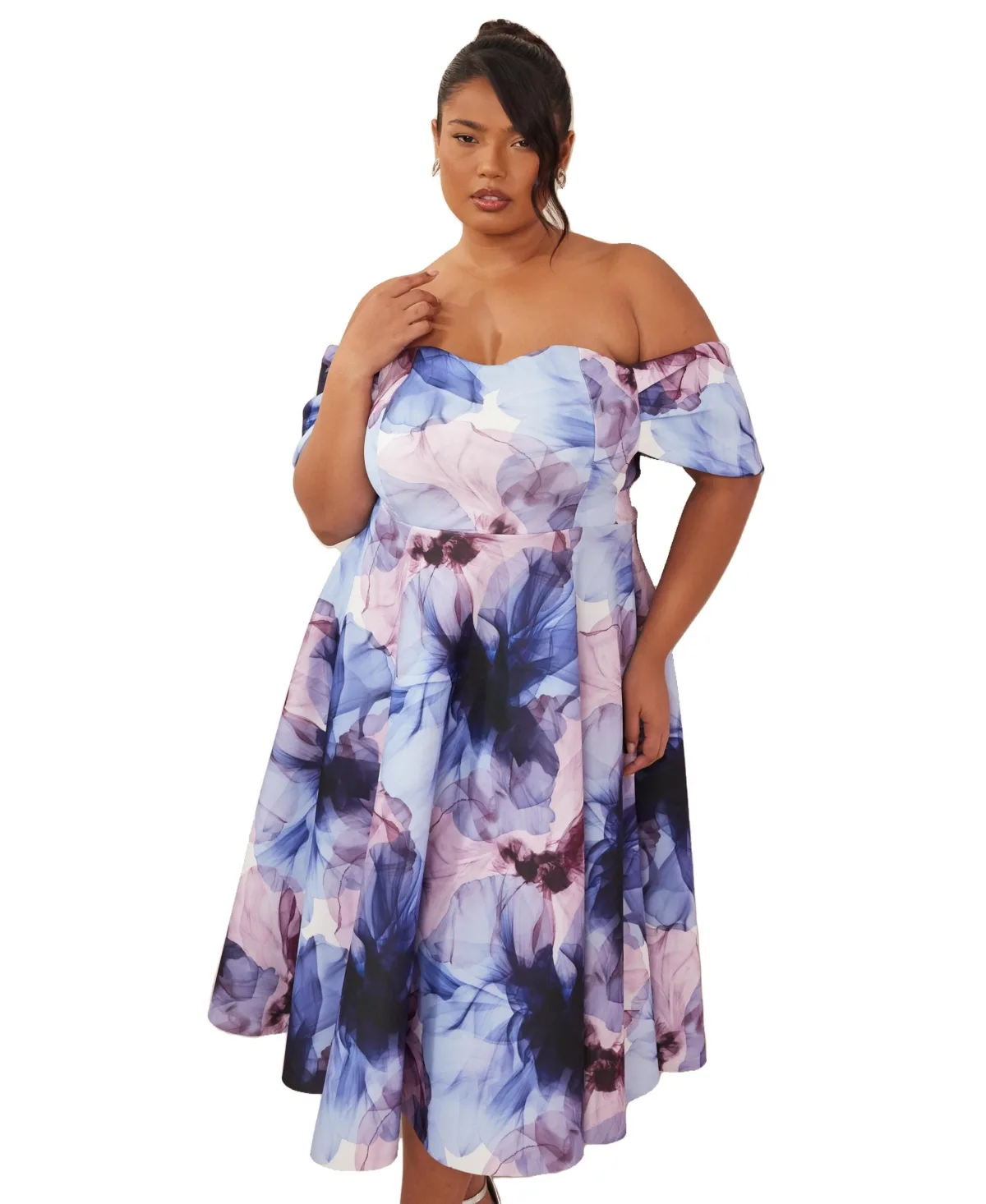 Scuba Floral Print Bardot Midi Skater Dress