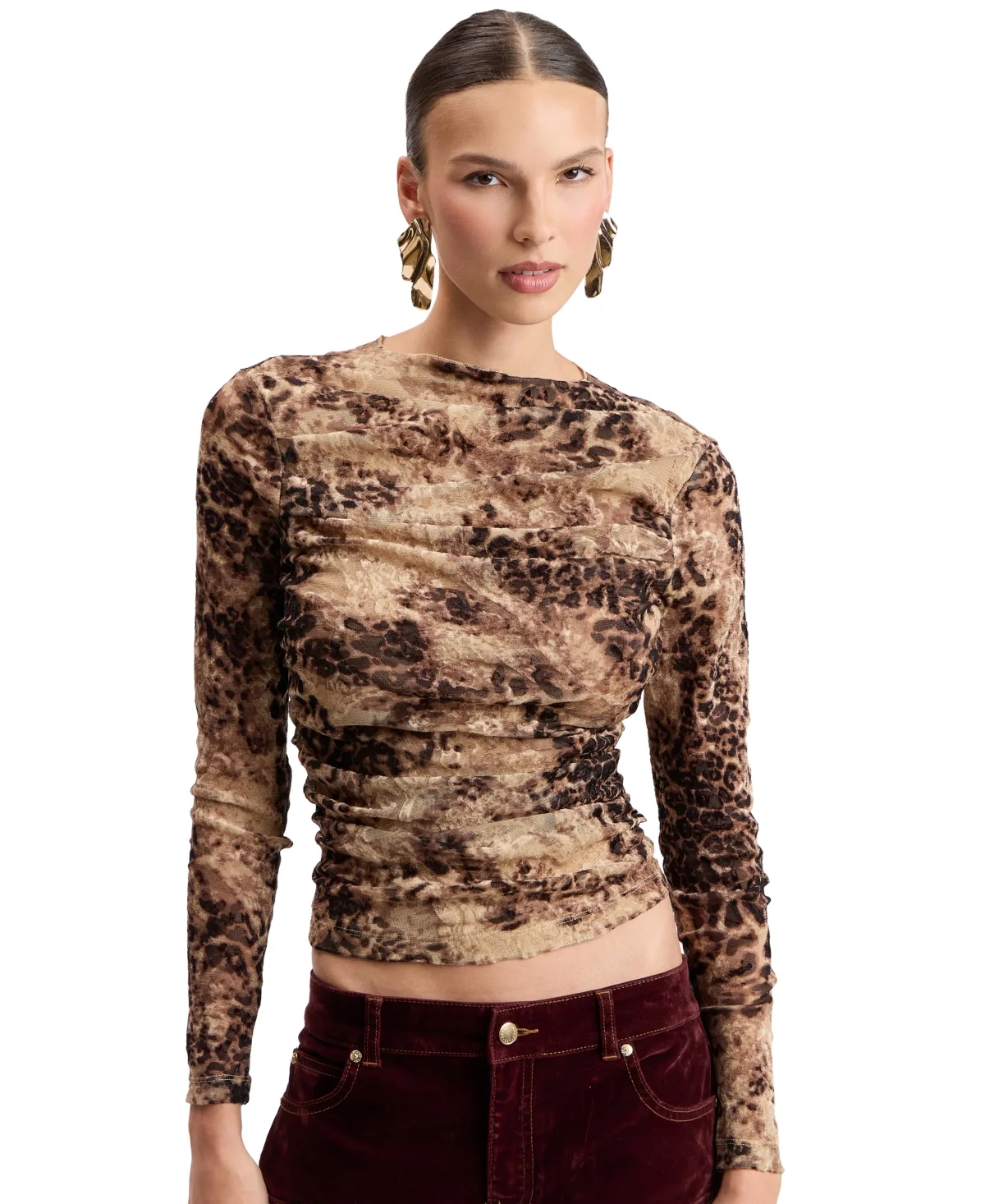 Leopard-Print Ruched Long-Sleeve T-Shirt