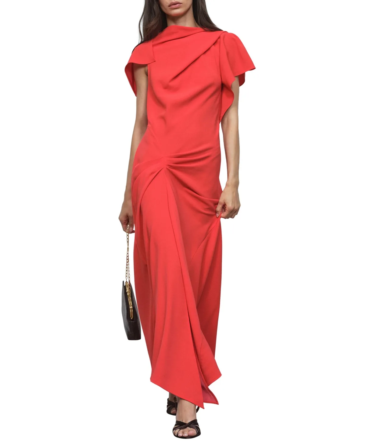 Cowl Neck Flutter-Sleeve Drape-Detail Midi Dress