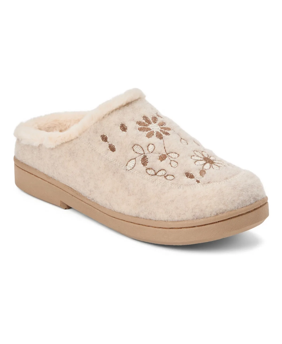 Felted Clog with Faux Fur Cuff and Embroidery Detail Slippers