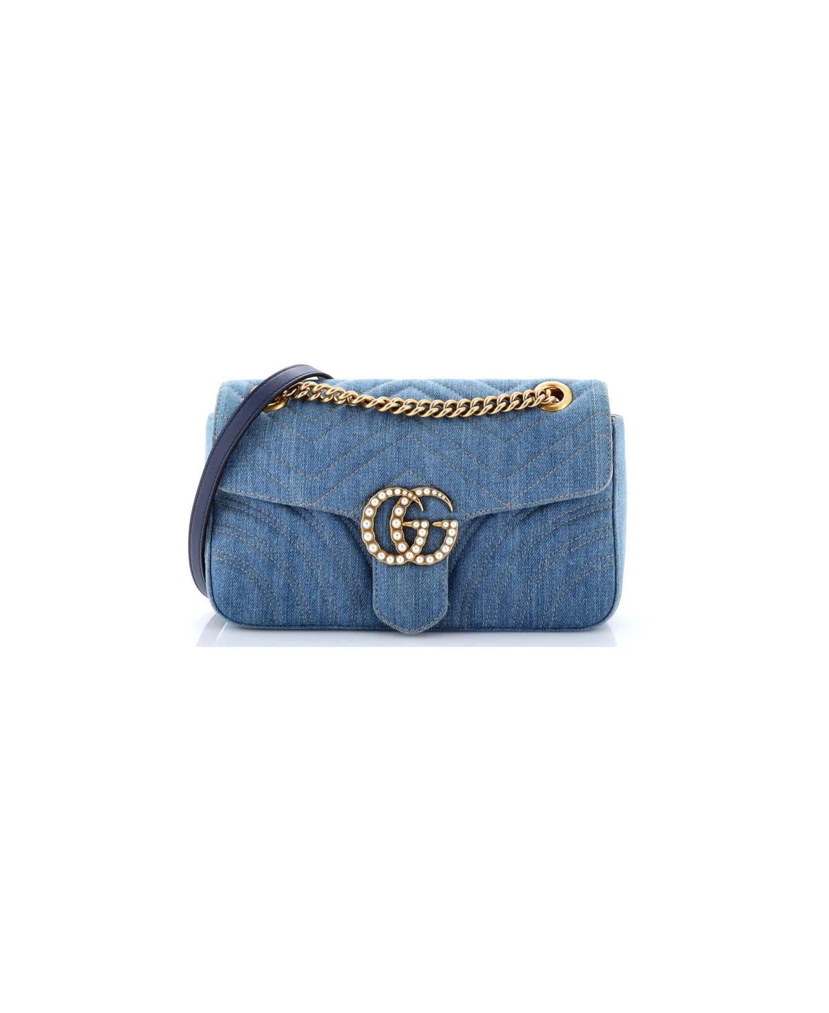 Pre-Owned Gucci Small Pearly Gg Marmont Flap Bag Matelasse Denim by Gucci