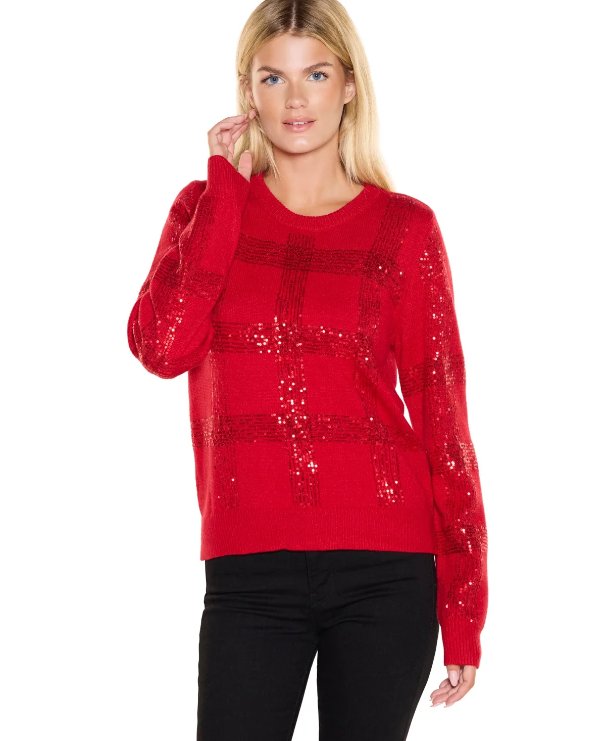 Plaid-Sequin Crewneck Pullover Sweater