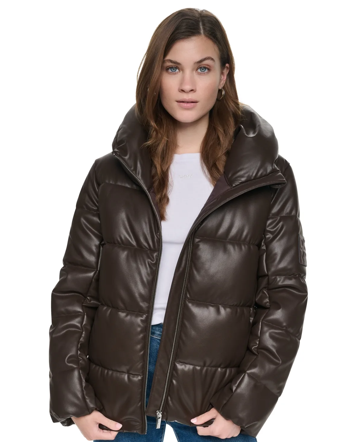 Jeans Insulated Puffer Faux Leather Jacket