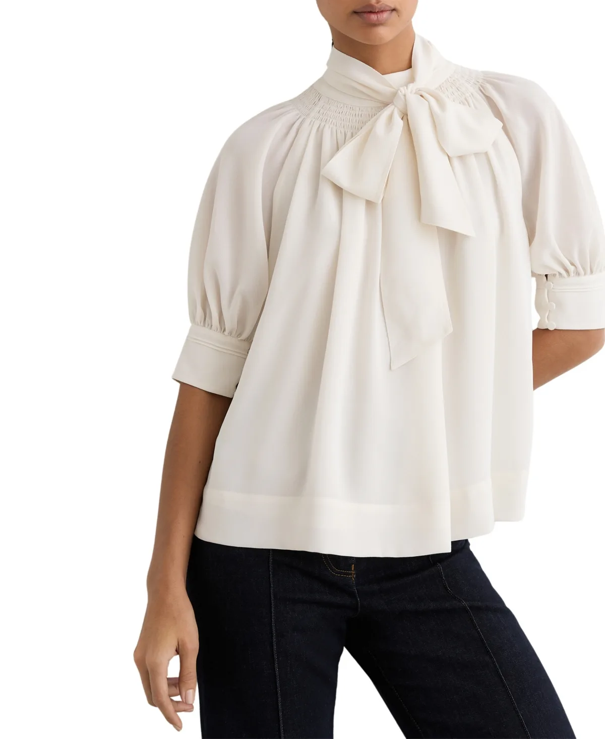 Lerina Puff-Sleeve Tie-Neck Short-Sleeve Blouse