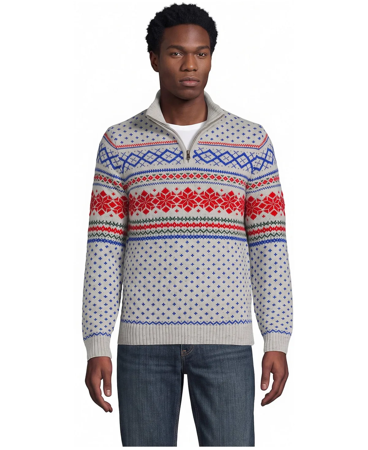 Long Sleeve Cotton Wool Fair Isle Quarter Zip Sweater
