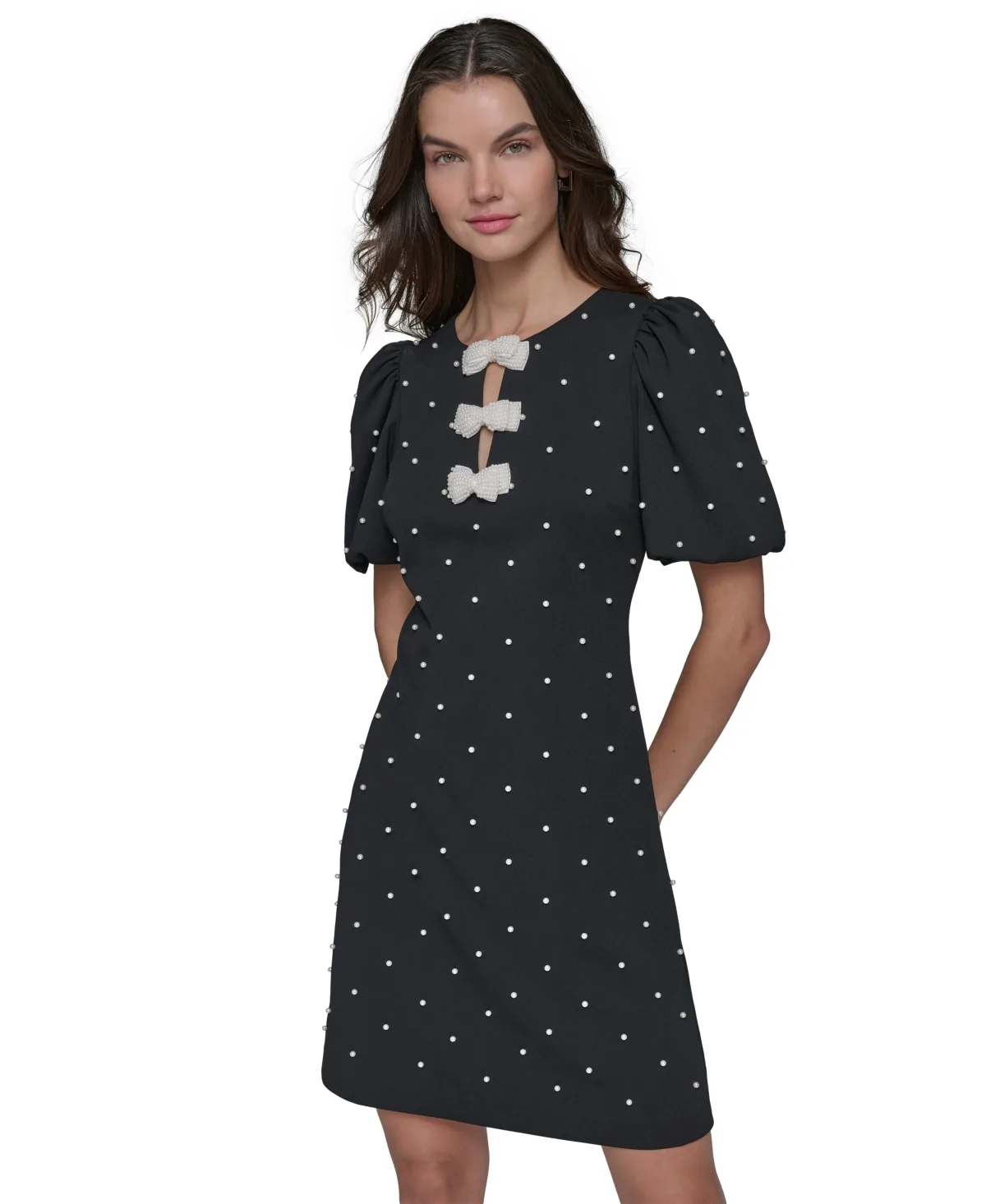 Scuba Crepe Sheath with Neckline Pearl Bow Details Dress