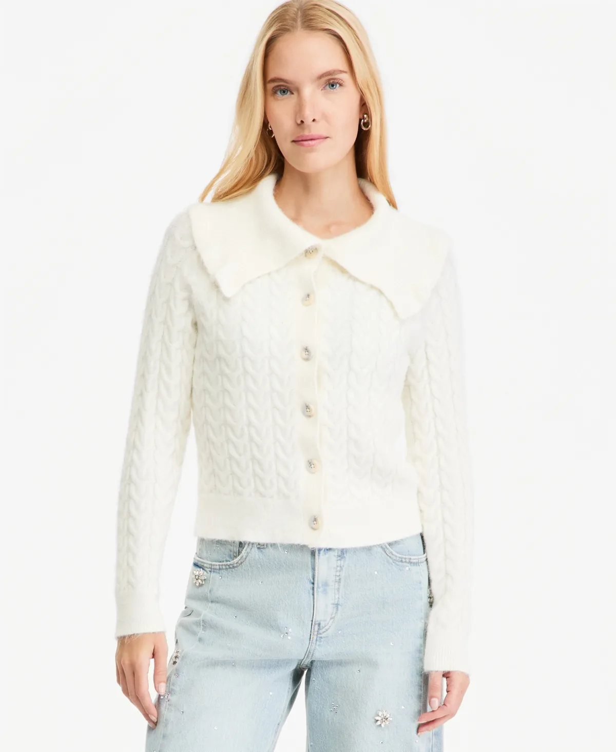 Cable-Knit Fold-Over Collar Cardigan