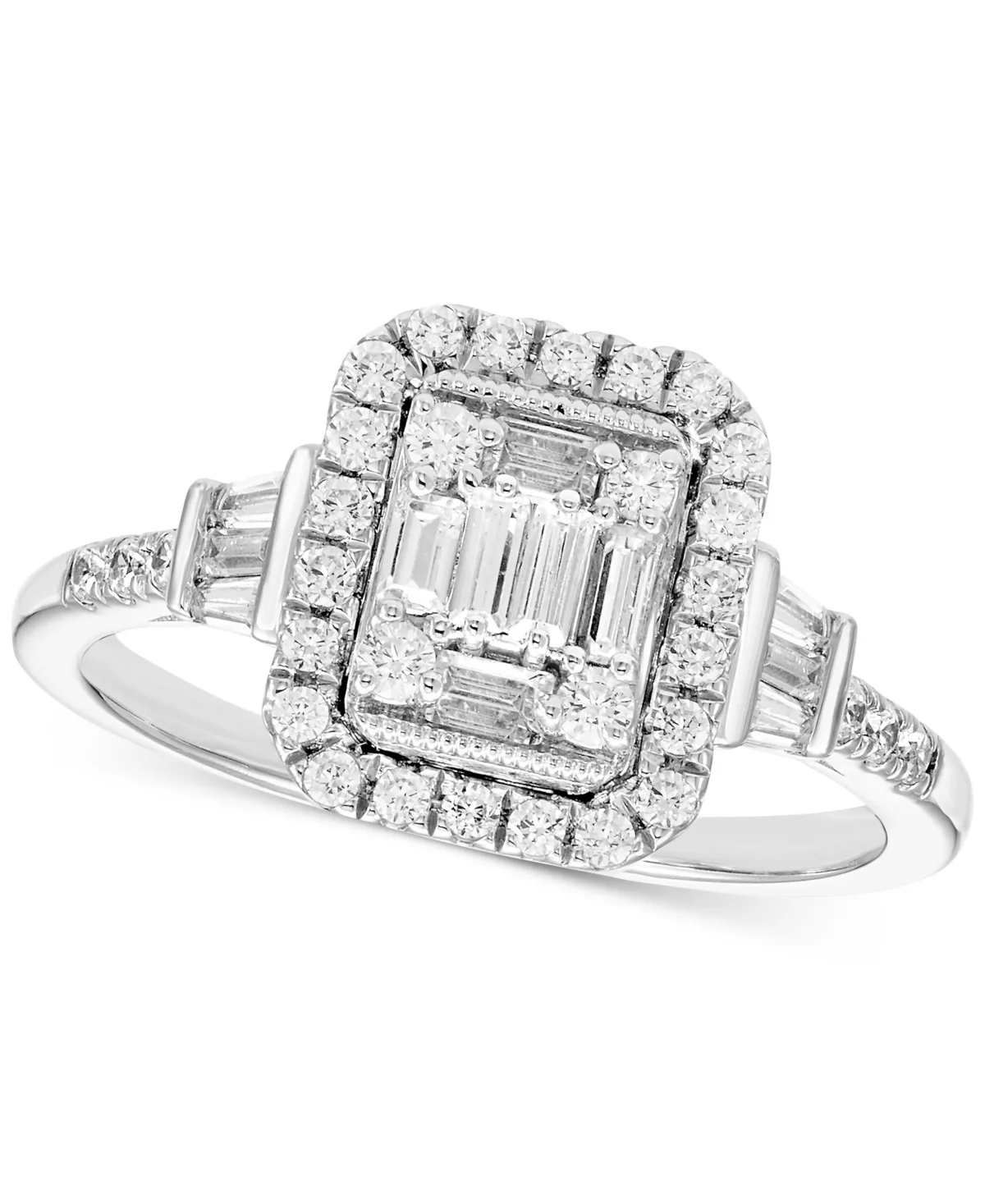 Round and Baguette Halo Diamond Ring (1/2 ct. t.w.) in 14k White Gold by Macy's