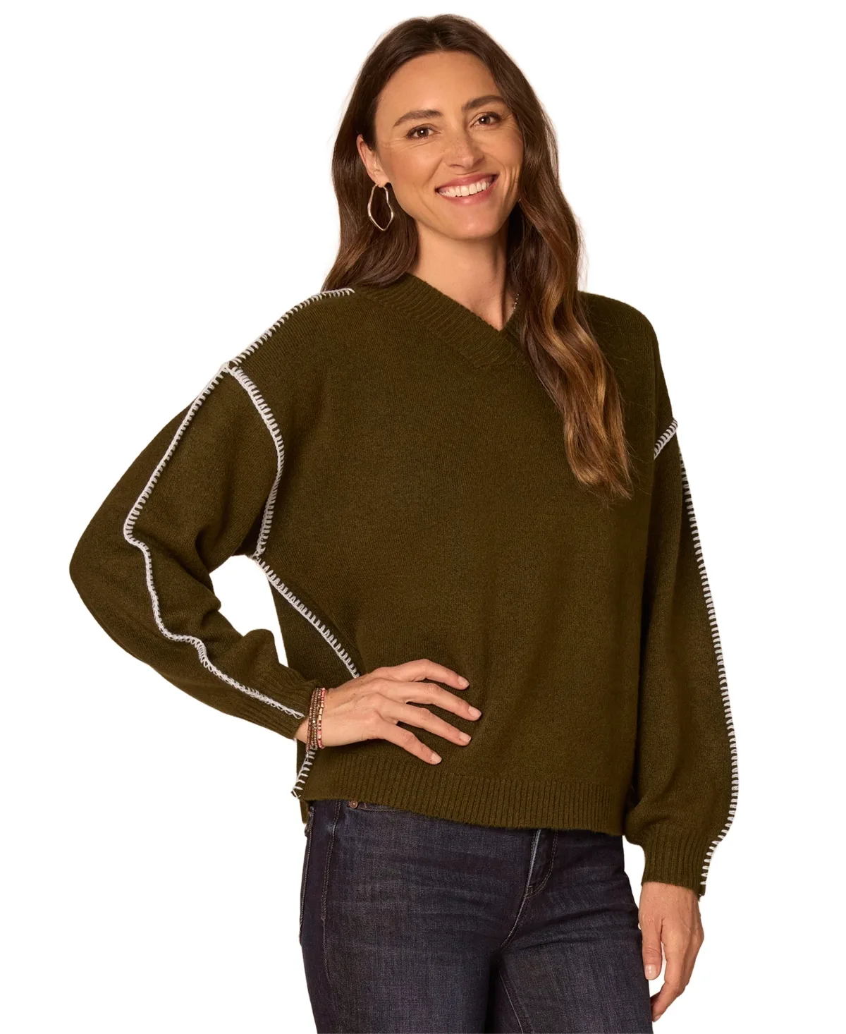 Long-Sleeve Blanket Stitch Embroidery V-Neck Sweater by Democracy