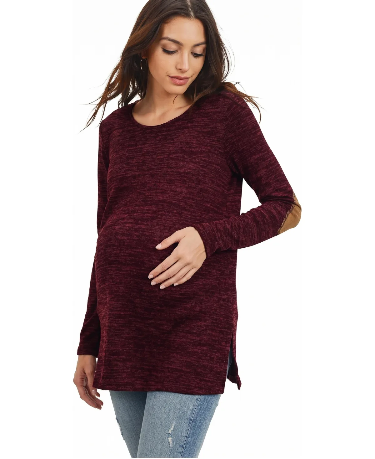Maternity Long-Sleeve Contrast Elbow Patch Side-Slit Tunic Top
