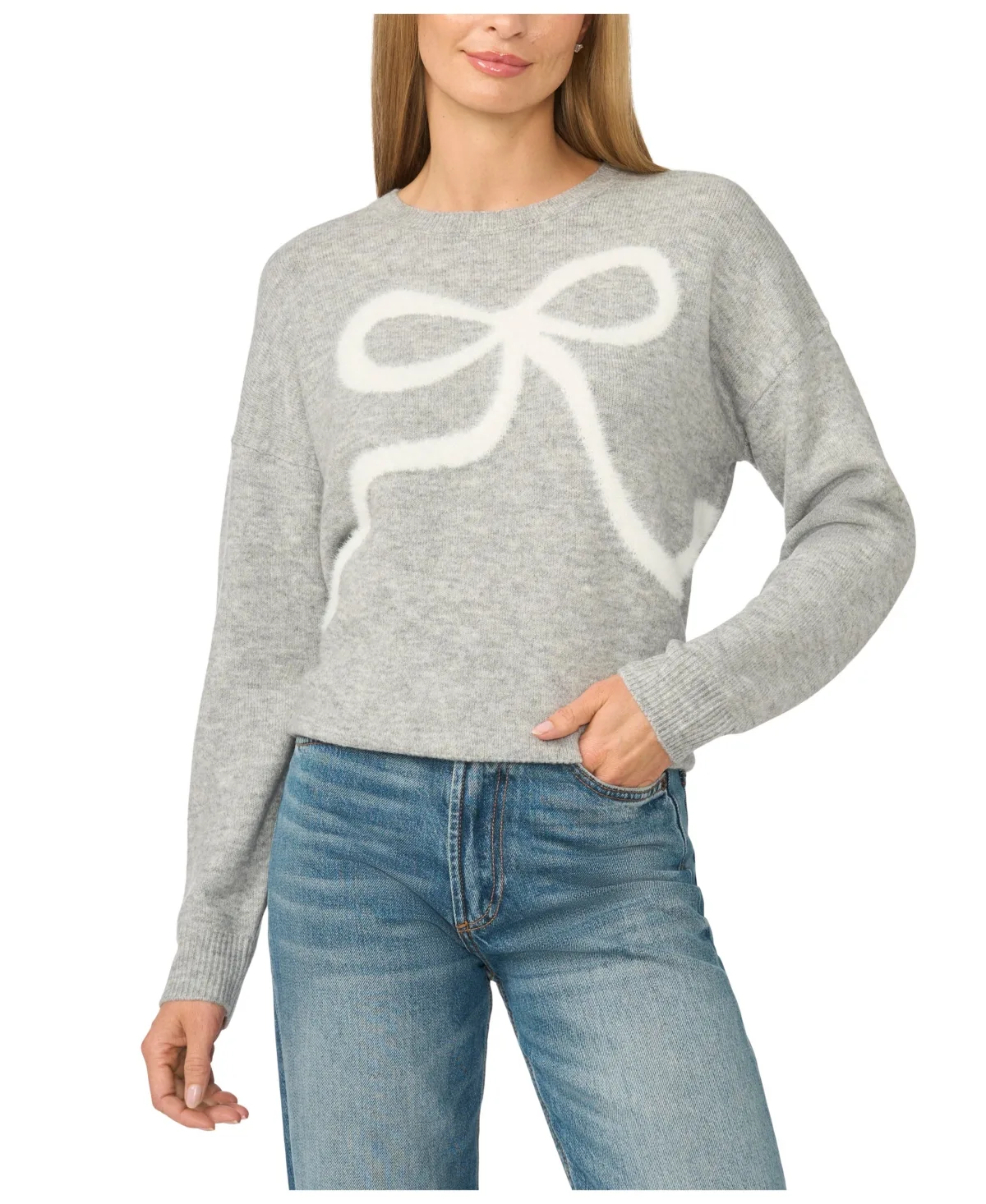 Eyelash Bow Long-Sleeve Crewneck Sweater