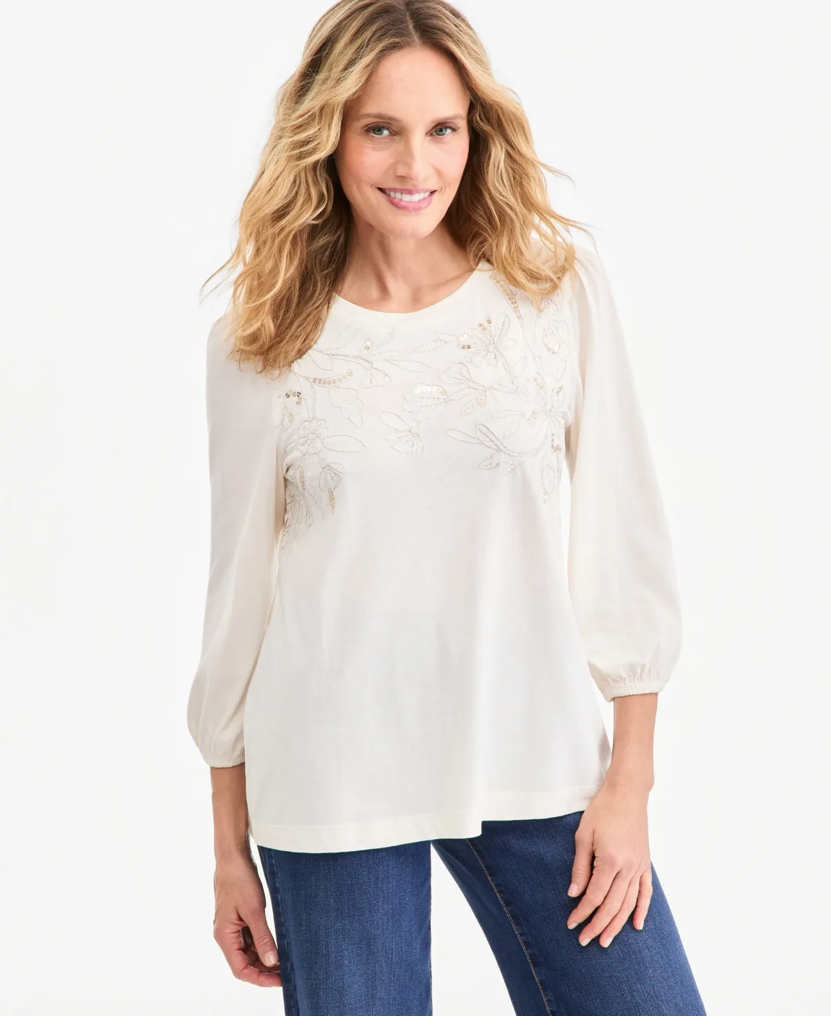 3/4-Sleeve Shine Embroidery Top