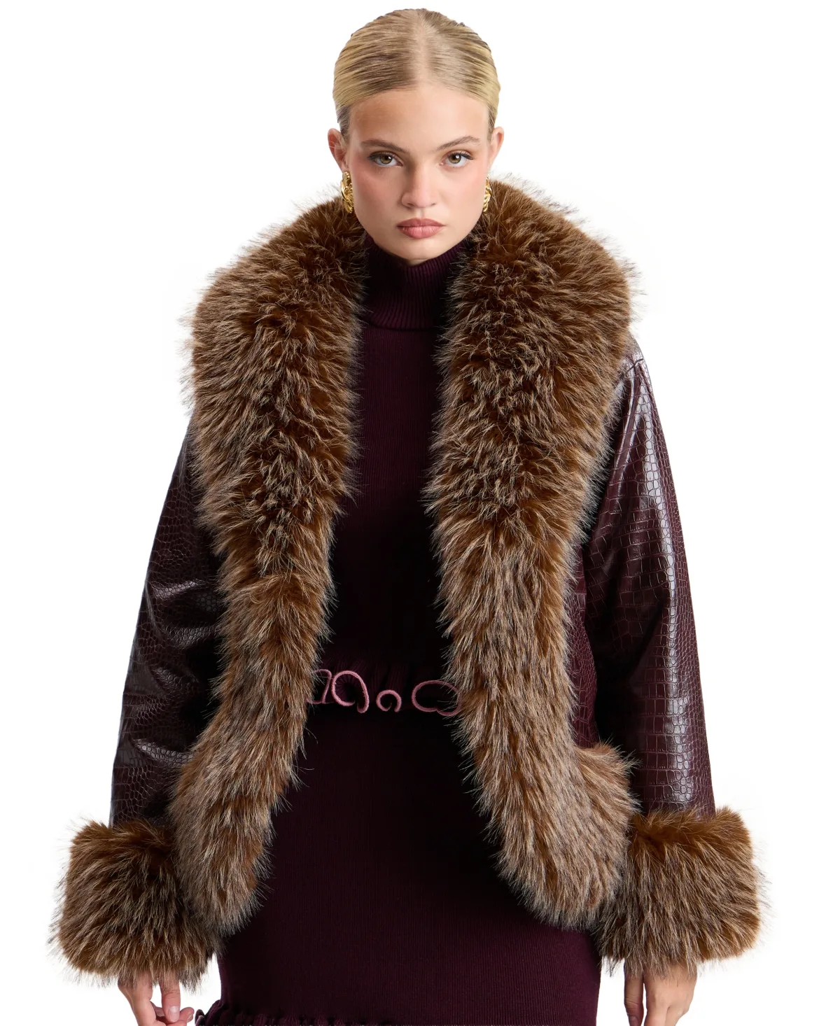 Cocoon Shawl Collar Faux Fur Trim Short Jacket