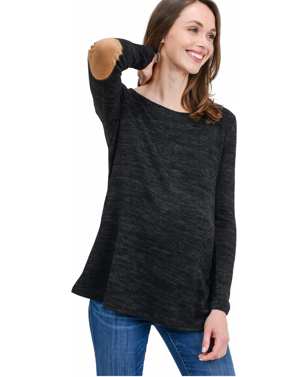 Maternity Long-Sleeve Contrast Elbow Patch Side-Slit Tunic Top