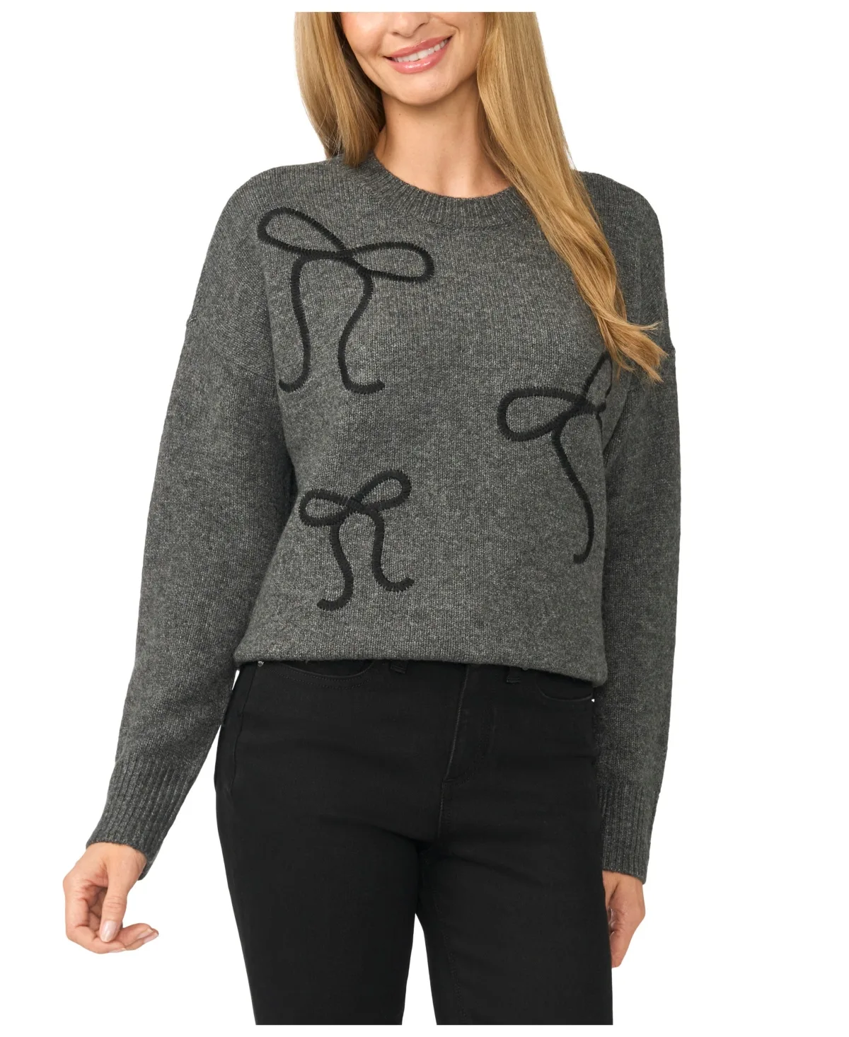 Bow Embroidery Long-Sleeve Crewneck Sweater