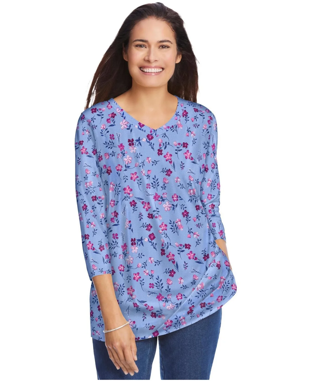 Perfect Printed Three-Quarter Sleeve V-Neck Tee